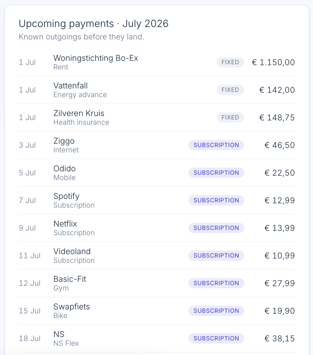 Upcoming payments: known fixed costs and subscriptions before they land