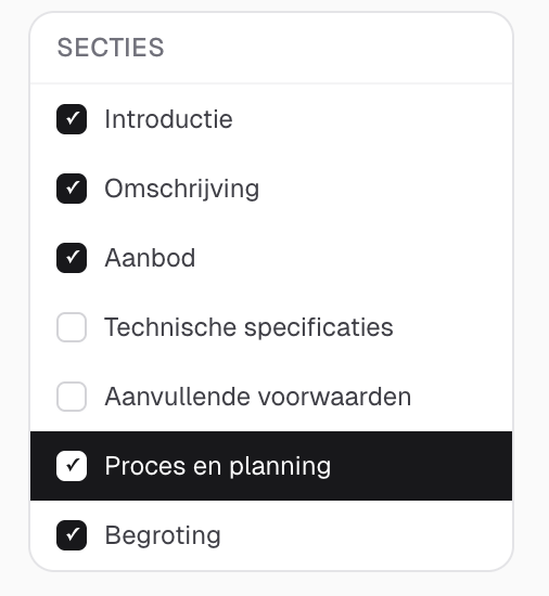 Toggling proposal sections on or off